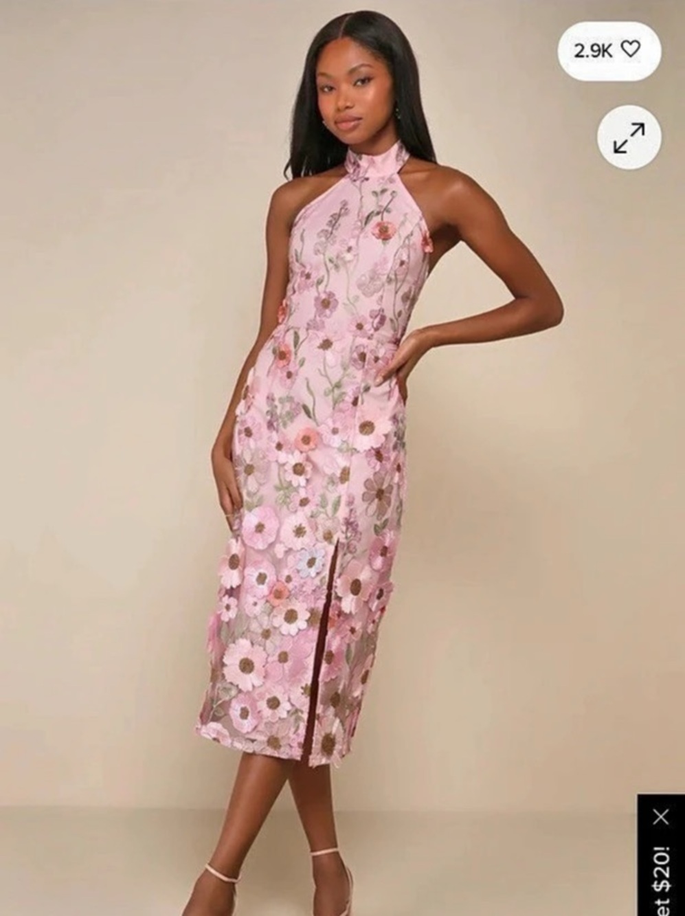Lulus Unique Impression Pink 3D Floral Embroidered Halter Midi Dress Small - Picture 1 of 7